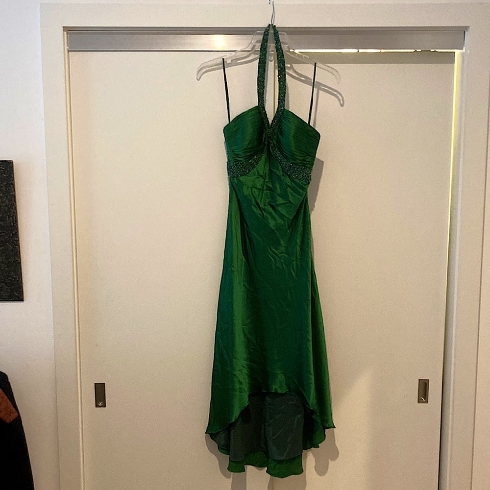 Cache green silk beaded halter dress